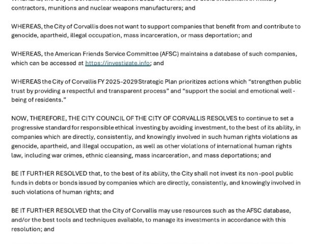 Support Corvallis City Council Resolution on Ethical Investment!
