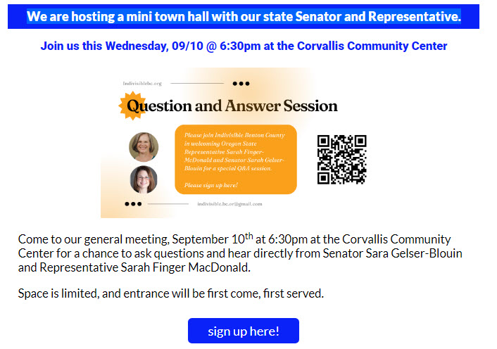 We are hosting a mini town hall with our state Senator and Representative