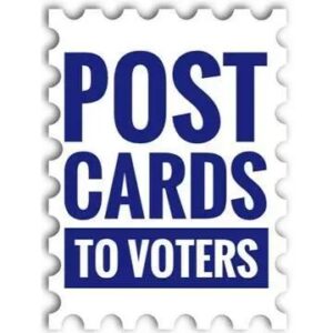 Graphic of a postage stamp, with the text "Post cards to voters" on it.