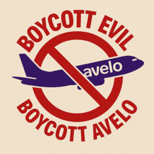Logo with a plane labeled "avelo" with a crossout circle over it. Text around the outside of the circle says "Boycott evil" and "Boycott Avelo".