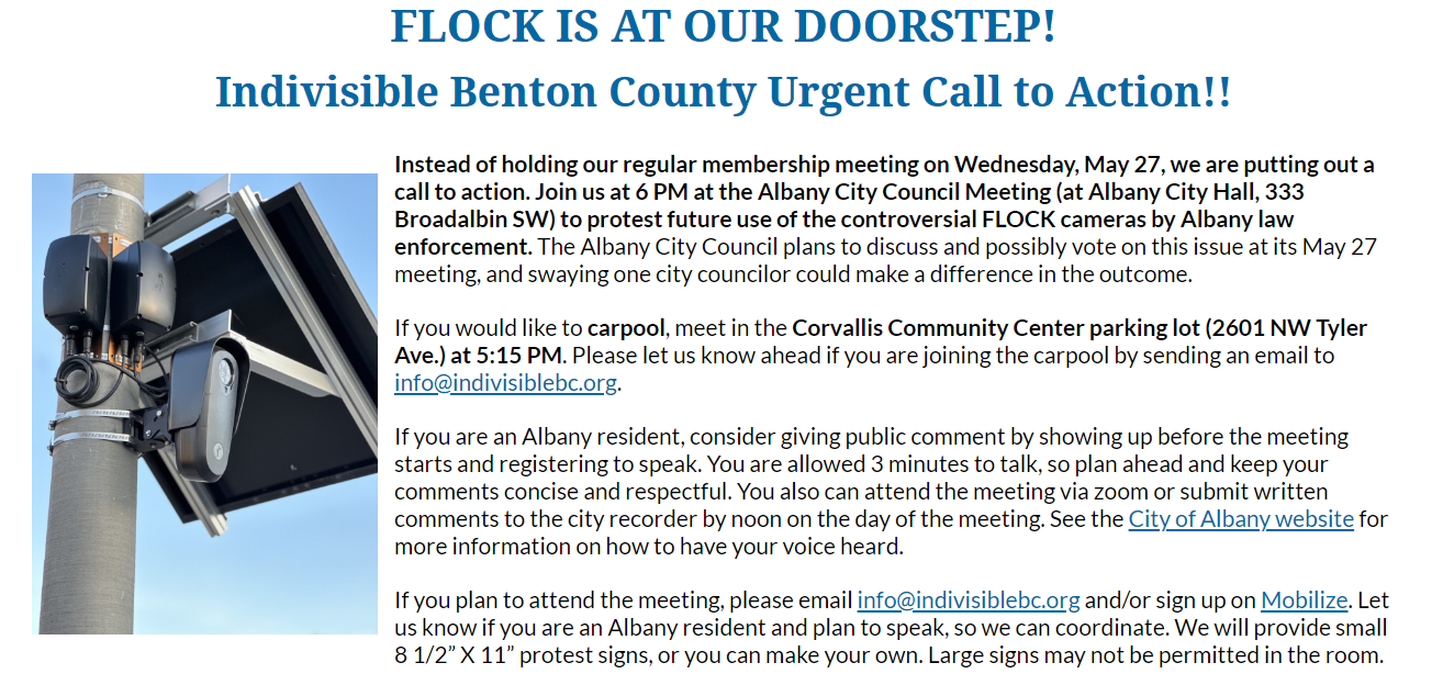FLOCK IS AT OUR DOORSTEP!  Indivisible Benton County Urgent Call to Action!!